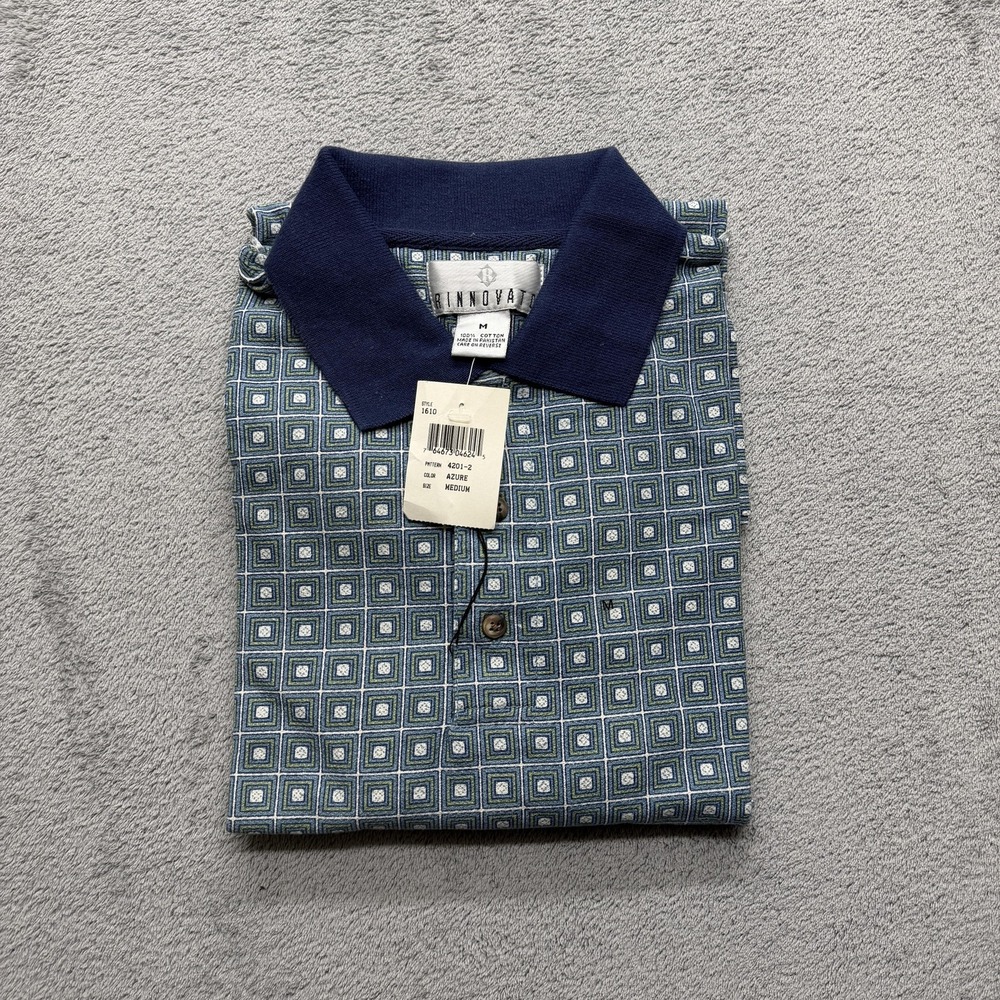 Rinnovato Polo Shirt Mens Medium Blue Geometric Print 100%‎ Cotton Casual